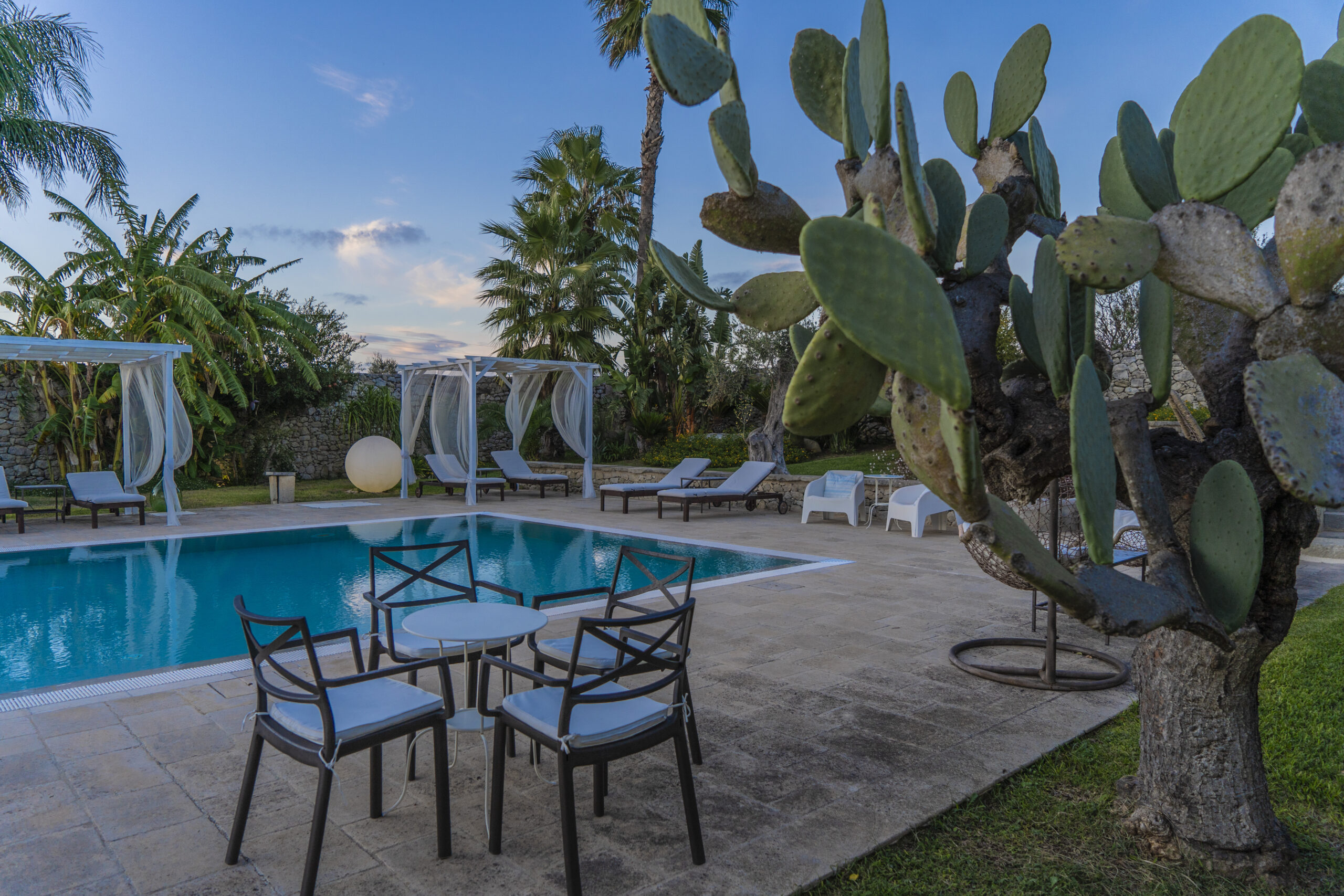 Piscina della Masseria Don Agostino tra gli ulivi con area relax